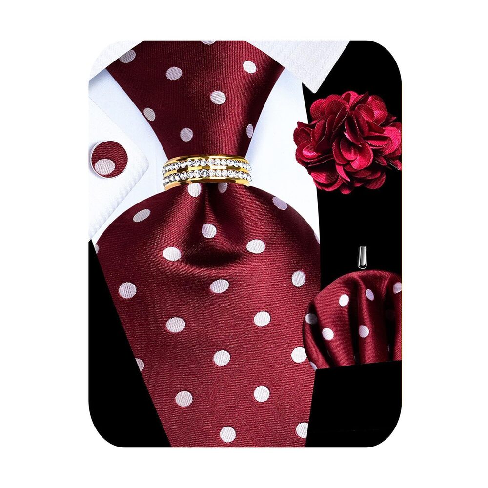 7633 5PCS Wine Red Polka Dot Silk Designer Tie Pocket Square Cufflinks